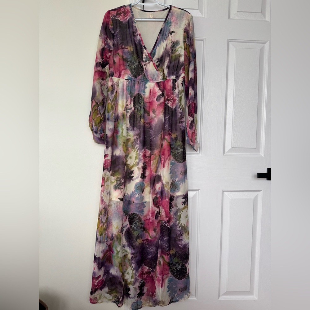 Pink Blush Floral Watercolor Midi Maxi‎ Dress with Long Sleeves Maternity Size M